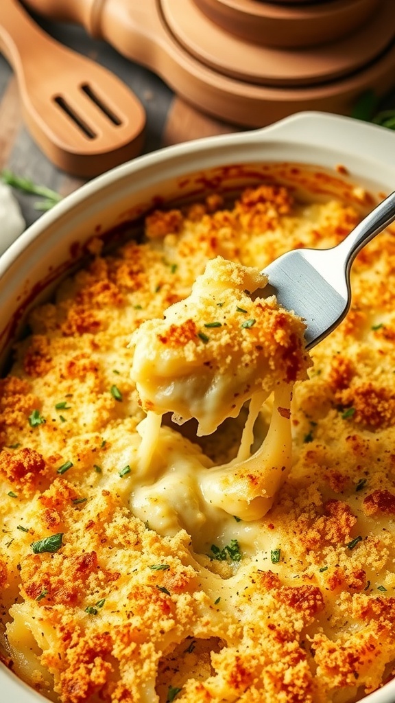 A delicious onion gratin with a crispy cheese topping, served in a rustic dish.